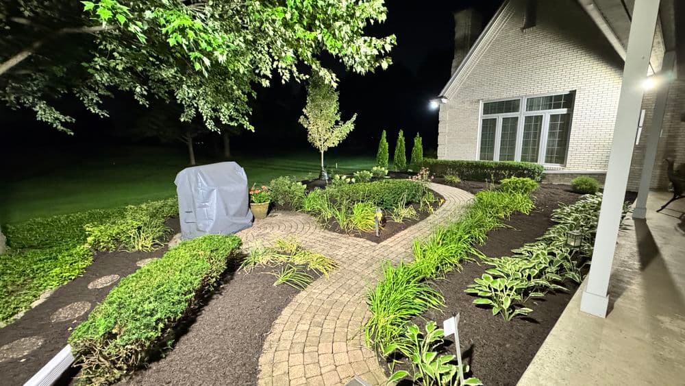 Nighttime garden landscape featuring a winding stone path, plants, and a grill.